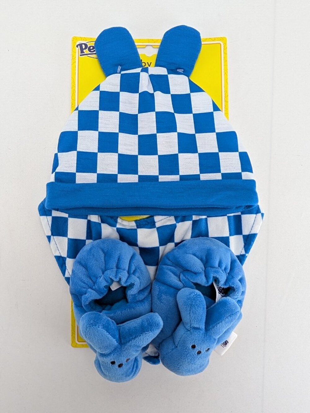 Peeps Infant Baby Set Hat Bib Booties Blue White Checkers Photo Prop Dan Dee